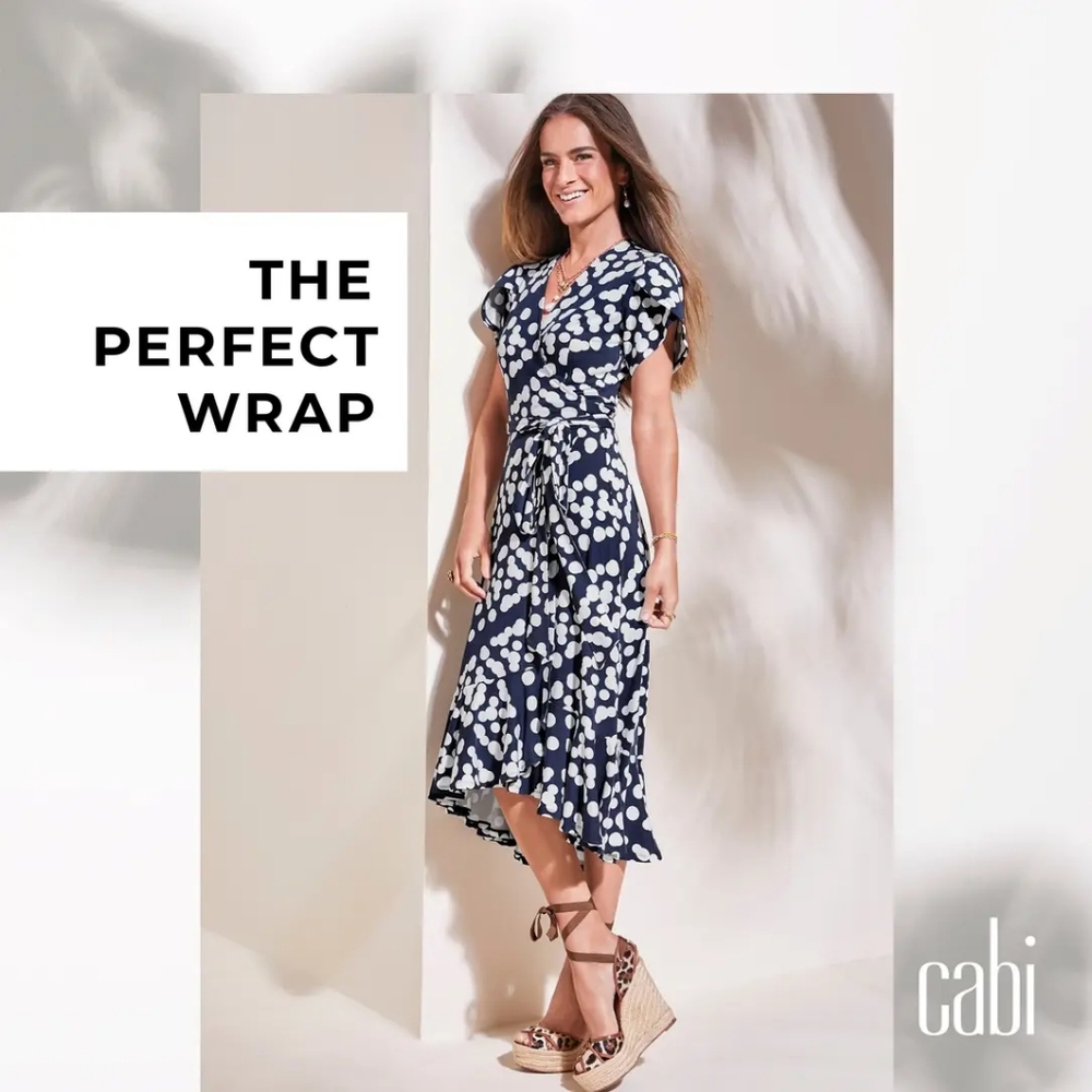 CAbi The Perfect Wrap Dress Navy White, size  M